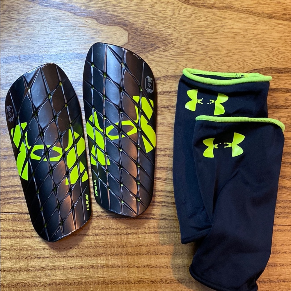 Under Armour youth Black and Yellow Shin Guards and Socks